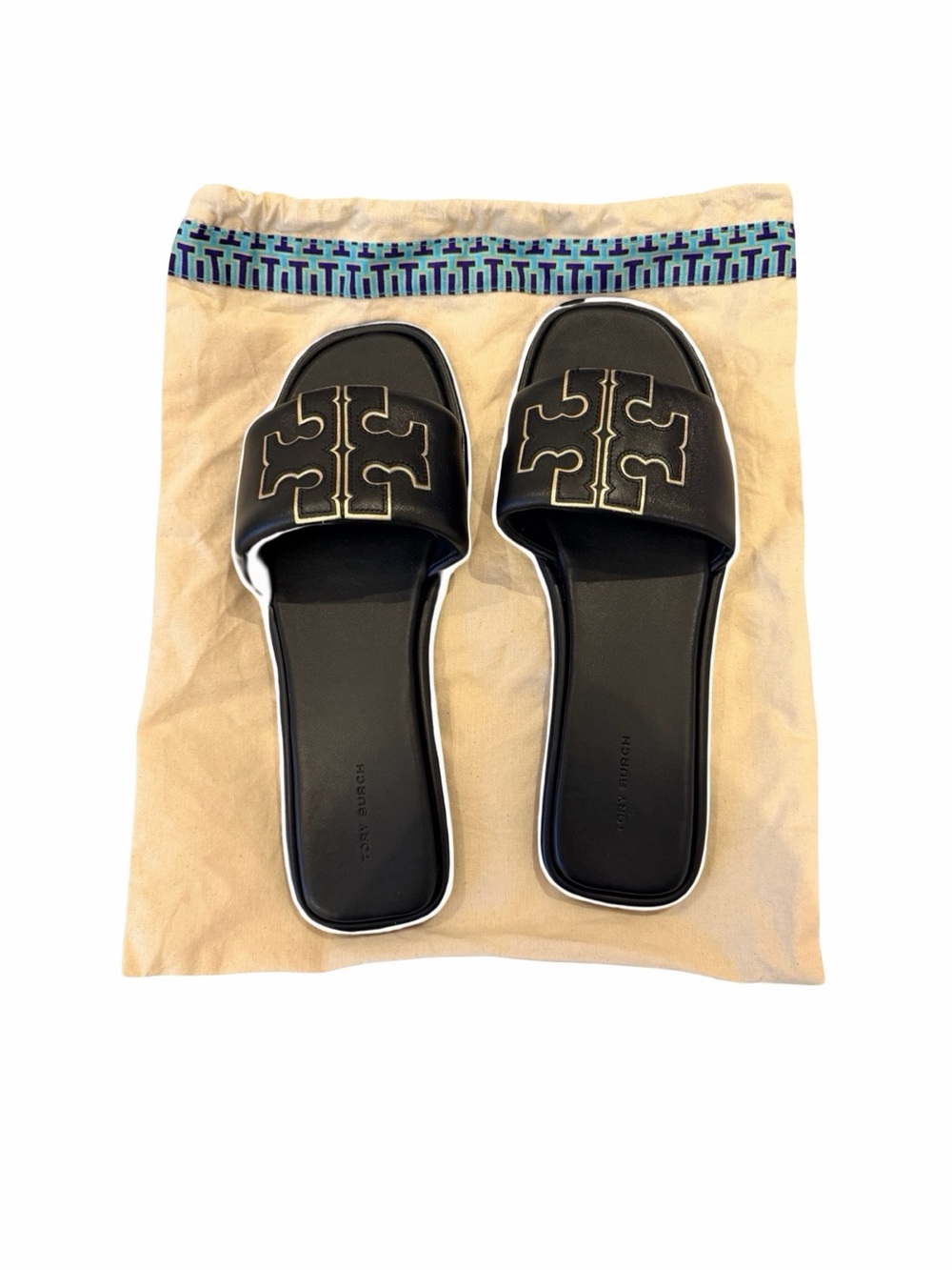 Tory Burch Black Slides with Gold Double-T Accent